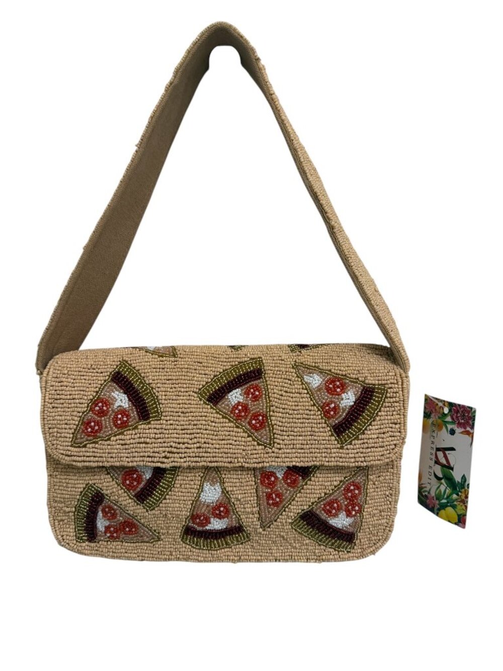 America & Beyond Pepperoni Pizza Beaded Shoulder Bag Made in India NWT